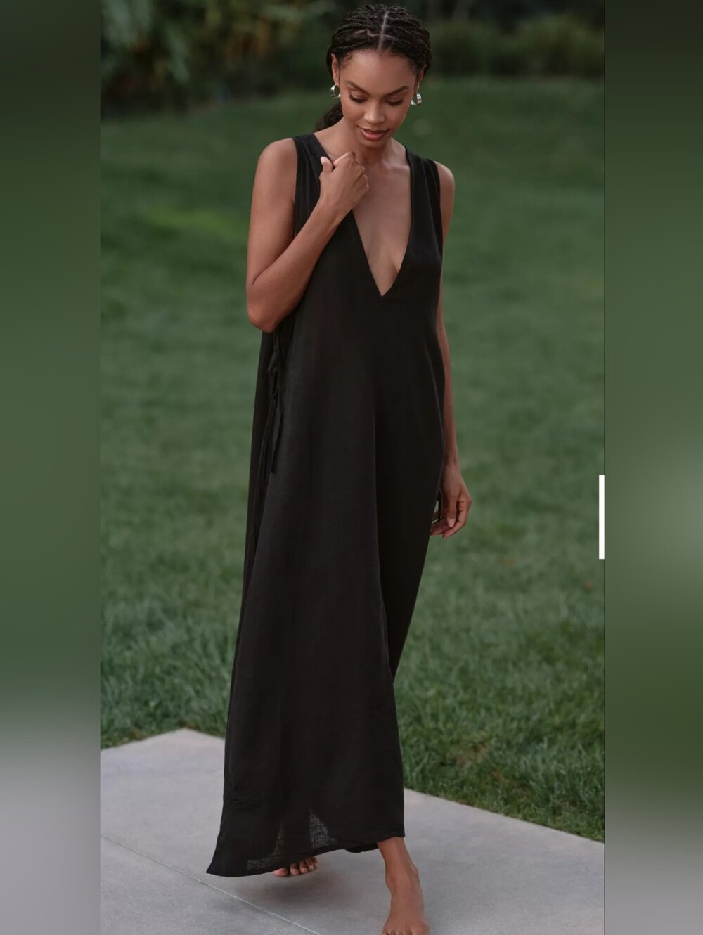 Anthropologie Celandine Plunge Neck Linen Blend Maxi Dress Black Small Oversized